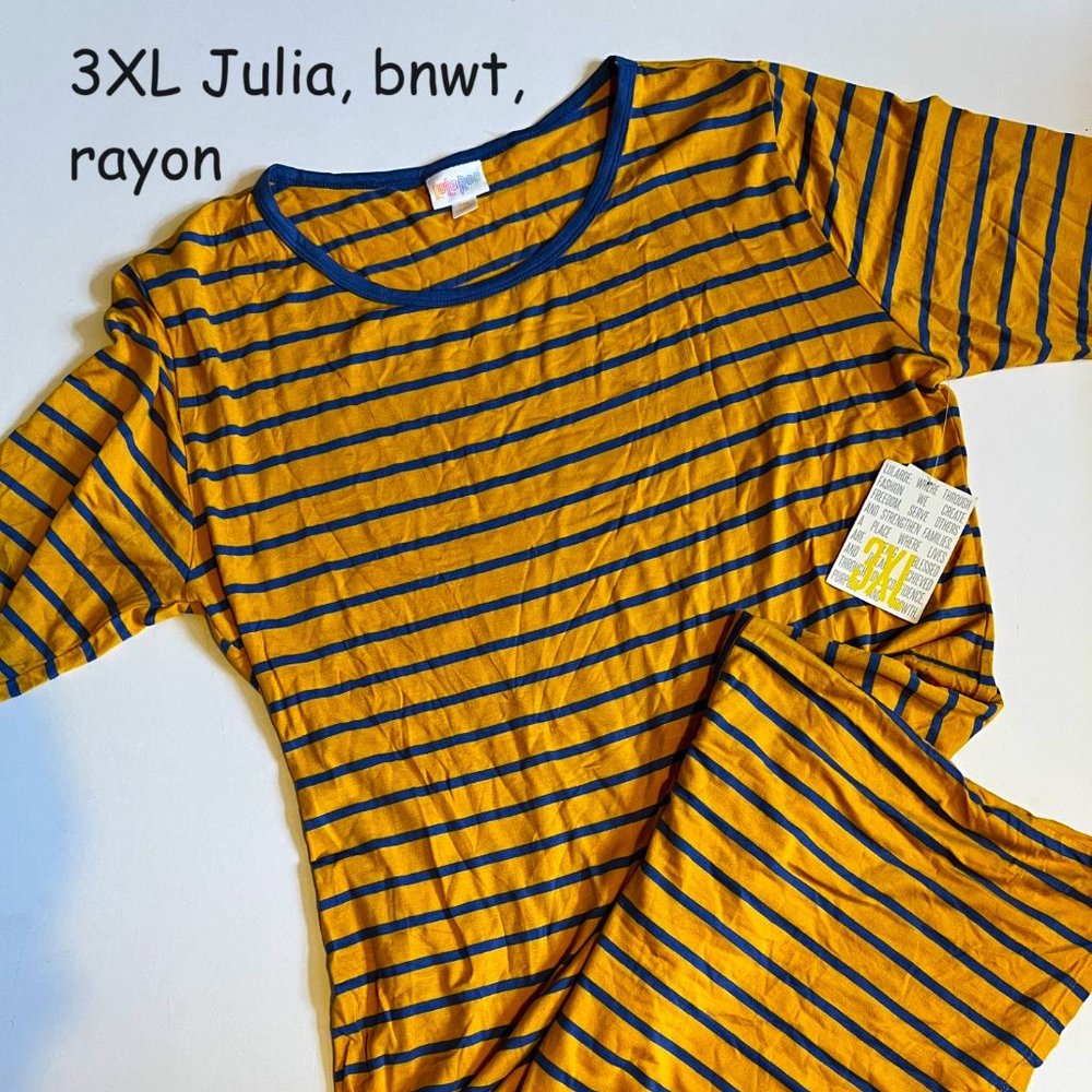 3XL Lularoe Julia sheath dress, orange with blue stripes, rayon